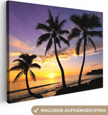 Produktbild von MuchoWow® - Leinwandbilder - Strand - Sonnenuntergang - Palmen - Tropisch, Wandbild, Wanddeko Bilder Wohnzimmer, 40x30 cm