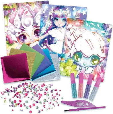 A craft kit for children, featuring art supplies and colorful designs.