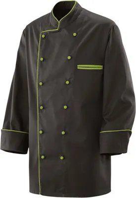 Produktbild von Kochjacke Bäckerjacke Jacke Langarm Schwarz mit Lemongreen Paspel Gr. M aus 65% Baumwolle, 35% Polyester 220gr.