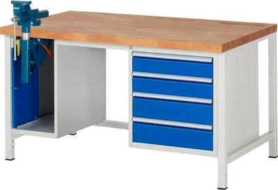Produktbild von RAU Werkbank 1500x900x840-1040mm 4xSchublade-TA SSKL l.gr/e.bl