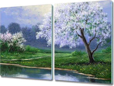 Produktbild von Coloray Herdabdeckplatte 2x40x52 cm Schneidebrett Kochplattenabdeckung Küchenbrett Hackbrett - See Baumblüten