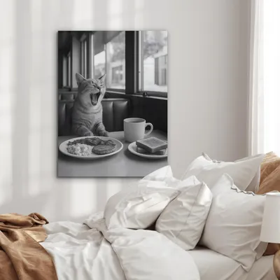 Produktbild von MuchoWow Wanddekoration Metall Metallbild Wandkunst 60x80 cm Katze - Kaffee - Brot - Schwarz MuchoWow Aluminium Gemälde - Wanddekoration Metall