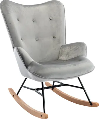 A gray velvet rocking chair with black metal legs and wooden rockers, isolated on a white background.
