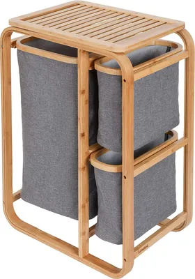 Produktbild von Lumaland Wäschekorb Bambus mit 3 ausziehbarem Wäschesäcken 1 XL Fach 2 Kompaktfächer  Ablage Pflegeleichtes Material leicht abwischbar 49,5x33x71 cm