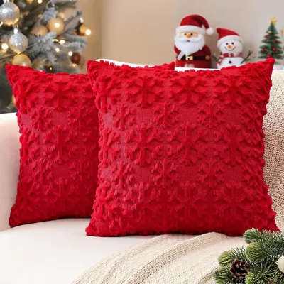 Produktbild von Kissenbezüge Weihnachten 2er Set Plüsch Schneeflocken Rot 45x45cm