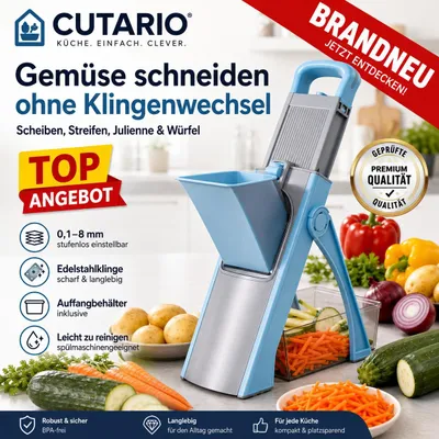 Produktbild von Cutario™ Gemüseschneider verstellbar, Multifunktions Mandoline mit Auffangbehälter, Julienne & Würfel, Blau
