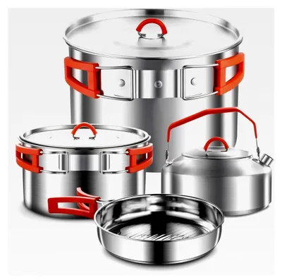 Produktbild von Camping Kochgeschirr Set, 304 Edelstahl Campingtöpfe und Pfannen Set für 2-4 Personen
