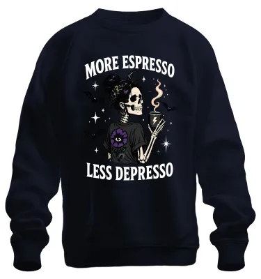 Obrázok produktu pre Tričko s nápisom "More Espresso Less Depresso Skelett Frau Statement", sarkastický motív, námorná modrá farba, veľkosť L