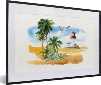 Produktbild von MuchoWow® MuchoWow® Gerahmtes Poster Leuchtturm - Palme - Strand 60x40 cm - Poster mit zchwarzem Bilderrahmen - Schlafzimmer - Plakat in Rahmen - Drucken