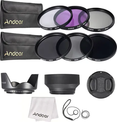 Produktbild von Andoer 58mm Lens Filter Kit UV + CPL + FLD + ND (ND2 ND4 ND8) mit Carry Pouch / Objektivdeckel / Objektivdeckel Halter / Tulip & Rubber Lens Hoods / Reinigungstuch