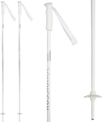 Three white ski poles are displayed against a white background. Two poles are shown side-by-side on the left, and one pole is shown on the right.