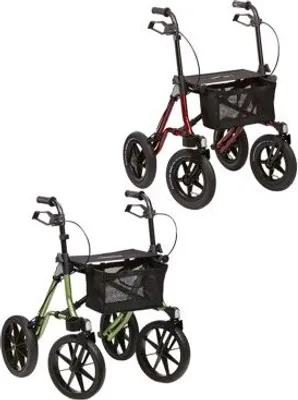 Two rollators, one red and one green, are shown against a white background.