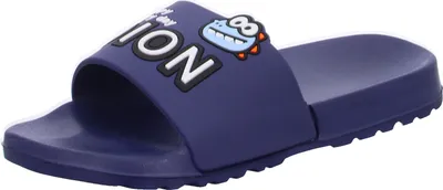 Produktbild von Blaue Badepantoletten aus Gummi, wasserabweisend, mit unterschiedlich verzierten Riemen
