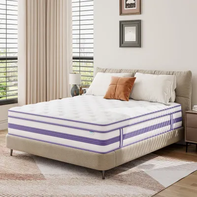 A mattress on a bed frame in a bedroom setting.