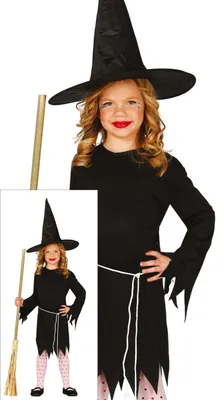 Productafbeelding van Heks Halloween kinderkostuum, betoverende zwarte jurk met kantmuts en mysterieus riem, maat: 98/104, kleur: zwart