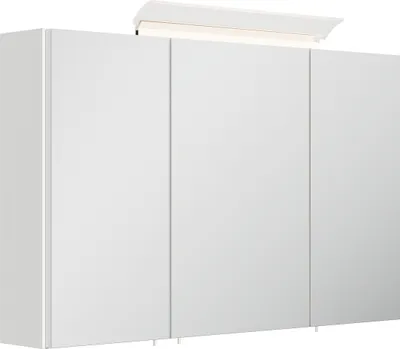 A white mirrored cabinet with a light fixture above it, shown from a side angle.