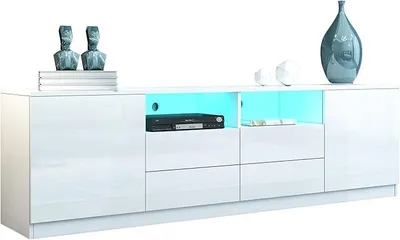 Obrázek produktu pro Nízky televizní stolek do obývacího pokoje, bílá vysoký lesk, televizní skříňka se 2 dvířky a 4 zásuvkami, moderní televizní stolek do obývacího pokoje nebo ložnice, rozměry 180 cm