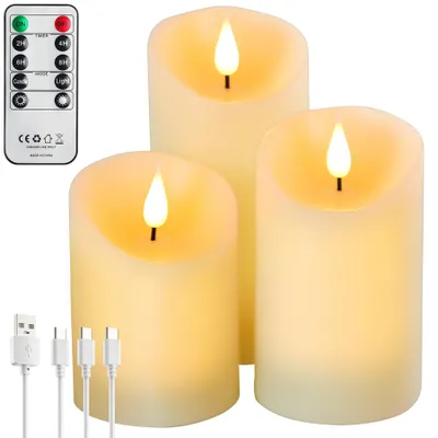 Productafbeelding van Set van 3 led-kaarsen, oplaadbaar met afstandsbediening, timer, dimbaar, vlamloze kaarsen