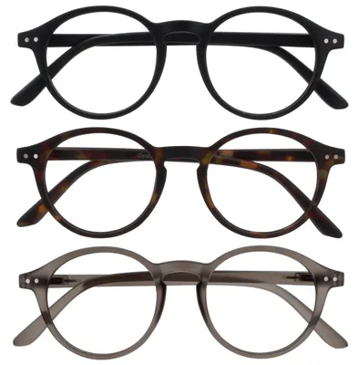 Produktbild von OPULIZE REY Lesebrille - 3er-Pack - Runder Retro-Rahmen - Mattschwarz, Braunes Schildpatt, Grau - Herren Damen - Federscharniere - RRR56-127 - +1.00