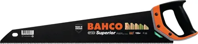 A Bahco handsaw with an orange and black handle, shown against a white background.