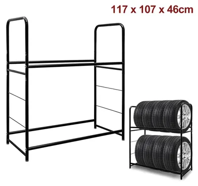 Obrázok produktu pre Regál na pneumatiky, stojan na 8 pneumatík, 2 úrovne, výškovo nastaviteľný, nosnosť do 180 kg, s ochranným krytom, vhodný do garáže alebo dielne