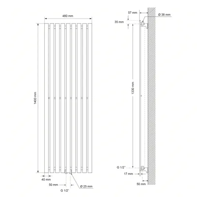 Obrázek produktu pro Deskový radiátor LuxeBath, jednovrstvý, 480x1400 mm, antracitový, se středovým připojením, bez topného tělesa
