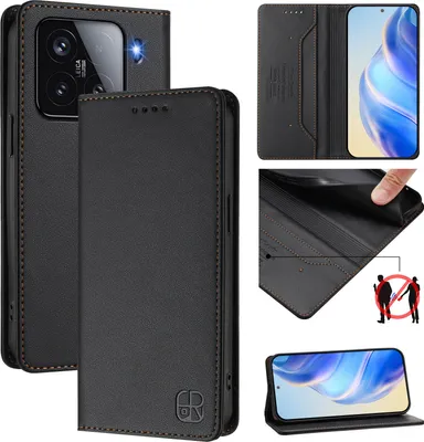 Produktbild von Lederhülle für Xiaomi 15 Hülle Flip Brieftasche Kartenfächern Ständer Schutzhülle Schwarz