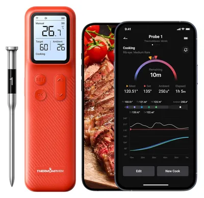 Fleischthermometer, kabellos, WiFi/Bluetooth, 6 Sensoren, ±0,3 °C, IPX8