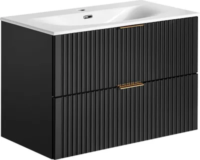 Produktbild von Waschtischunterschrank mit Waschbecken 80cm ADELAIDE-56-BLACK in matt schwarz mit gerillter Front, B/H/T ca. 81/58,5/46 cm