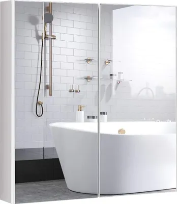 A modern bathroom with a freestanding bathtub and a mirrored cabinet.