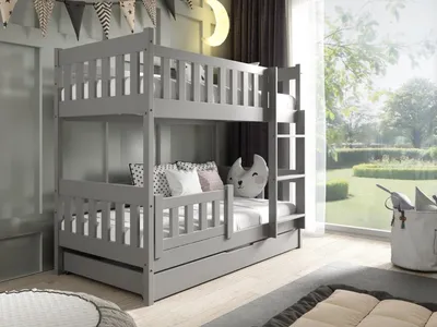 Produktbild von MTJMöbel Etagenbett LILA 160x80cm mit Matratze, Kinderbett mit Schubladen, Massivholzbett, Stockbett, Grau Holz