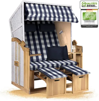 Produktbild von Strandkorb Ostsee 2-Sitzer 120cm breit in Weiß Beige Blau kariert montiert, ideal für Balkon, Terrasse oder Garten