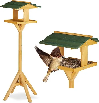 Produktbild von Famanu Vogelhaus auf Fuß - Futterhaus für Vögel auf Pfahl - 36 x 34 x 117 cm - Natur/Grün