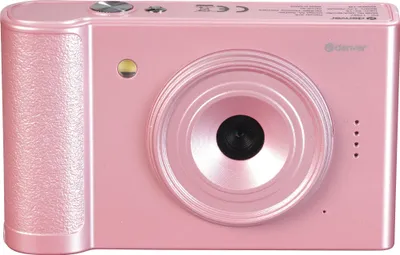 A pink digital camera is shown from the front.