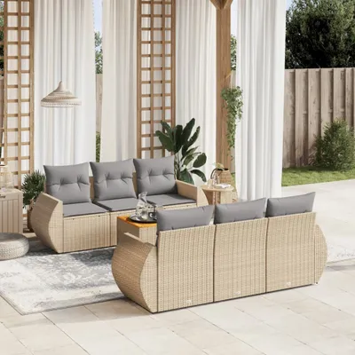 Produktbild von Design 7-tlg. Garten-Sofagarnitur mit Kissen Beige Poly Rattan, Gartenmöbel-Sets 2024 Neu