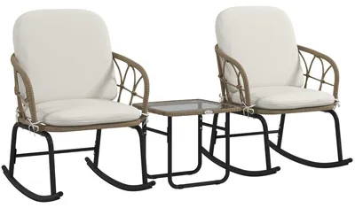 Produktbild von 3-tlg. Rattan Schaukelstuhl-Set mit 2 Schaukelstühlen & 1 Couchtisch, Gartenmöbel-Set mit Kissen für Terrasse & Balkon