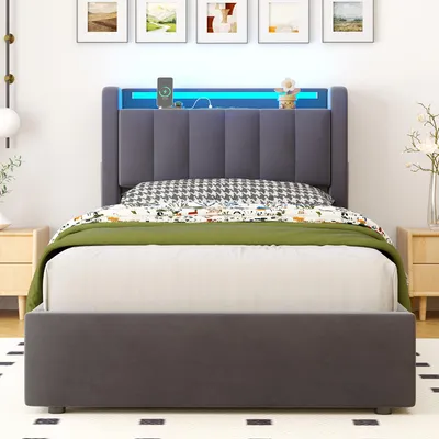 Image de okwish Lit rembourré 90×200 – lit enfant / adolescent avec coffre de rangement et éclairage LED, lit boxspring avec bords arrondis et prises électriques, gris (sans matelas)