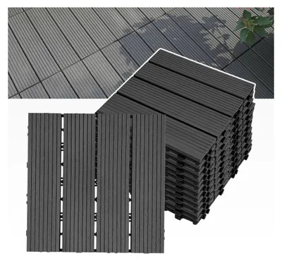 Produktbild von Terrassenfliesen Klicksystem WPC 30x30cm Balkonbodenbelag wetterfest mit Drainagefunktion Holzoptik zuschneidbar, 11 Stück/1m² (Anthrazit)