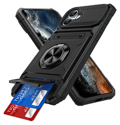 Produktbild von Dual Layer Hülle für iPhone 16 Plus mit Kartenhalter, Magnetische Ring Ständer Militärschutz Stoßfeste Handyhülle Schwarz