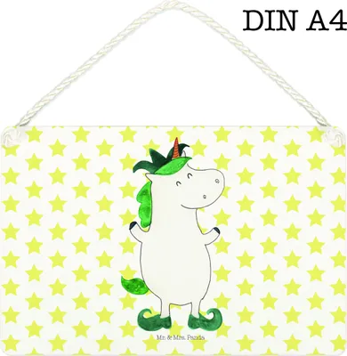 Produktbild von Mr. & Mrs. Panda Schild Einhorn Joker DIN A4 - Weiß - Geschenk, kleine aufmerksamkeit, Mittelalter, Kasper, Einhörner, Hofnarr, wandtafel, Unicorn, Deko Wandbild, Holz