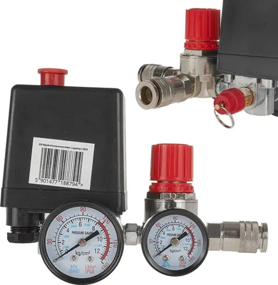 Immagine prodotto di Regolatore di pressione universale con pressostato per compressore e 2 display manometri, pressostato compressore d'aria