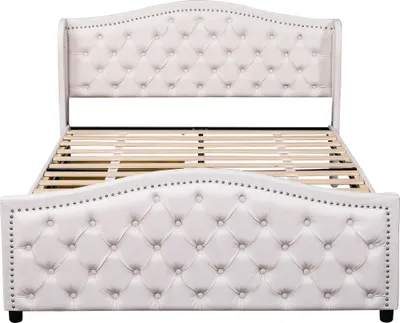 Produktbild von Flieks Polsterbett 140x200cm, Doppelbett mit Lattenrost und 2 Schubladen, Boxspringbett mit Stauraum, Holzbettgestell Jugendbett Stauraumbett, Kunstleder Bezug, Weiß