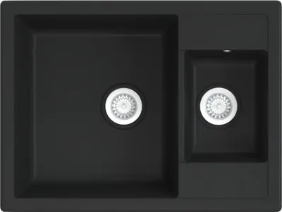 A top-down view of a black granite double kitchen sink.