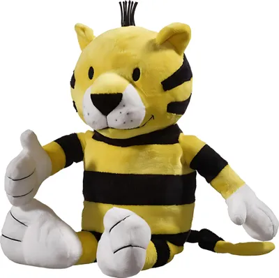 A plush toy tiger with yellow and black stripes sitting down.