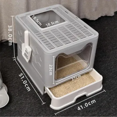 Produktbild von Katzentoilette - Großes faltbares Katzenklo mit Deckel - Mit Schublade - Mit Schaufel - Leicht zu reinigen - Grau