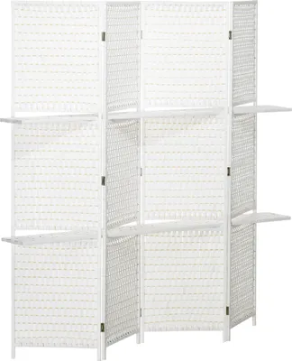 Image de HOMCOM Paravent intérieur 4 panneaux 181L x 180H cm 2 étagères pliables séparateur de pièce bois de pin bambou fibres de papier tressée blanc paille