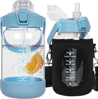 Produktbild von Famanu Trinkflasche mit Strohhalm und Zeitmarkierung - Auslaufsichere 1 Liter Borosilikatglasflasche