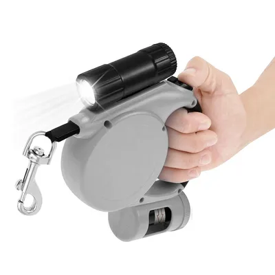 Produktbild von Hundeleine 5 m einziehbar, 360° Verdrehschutz, mit LED-Licht und Müllbox, geeignet für die meisten Hunde, Grau