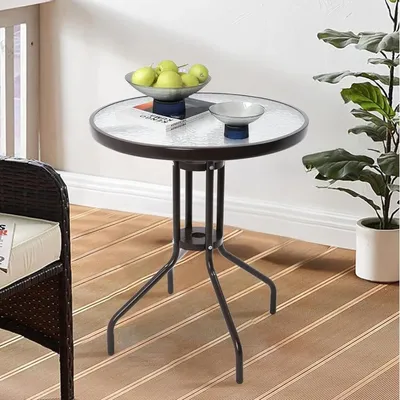 Produktbild von Gartentisch Balkontisch Beistelltisch Outdoor Balkonmöbel kleiner Balkon Bistrotisch kleiner Balkontisch Runde Platte aus gehärtetem Glas, pulverbeschichteter Metallrahmen | 60x69 cm | Schwarz
