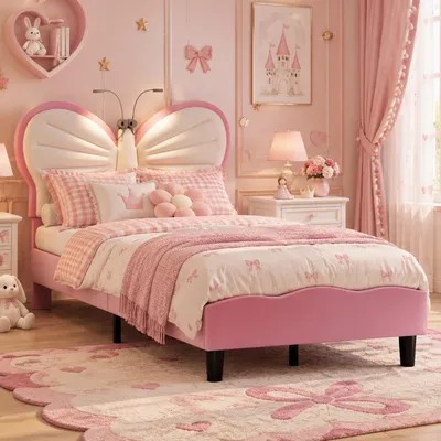 Produktbild von INONEFT Kinderbett Polsterbett 90x190cm mit Leselampe, Einzelbett mit verstellbarem Kopfteil und Lattenrost, Jugendbett für Jungen & Mädchen,Samt,Rosa